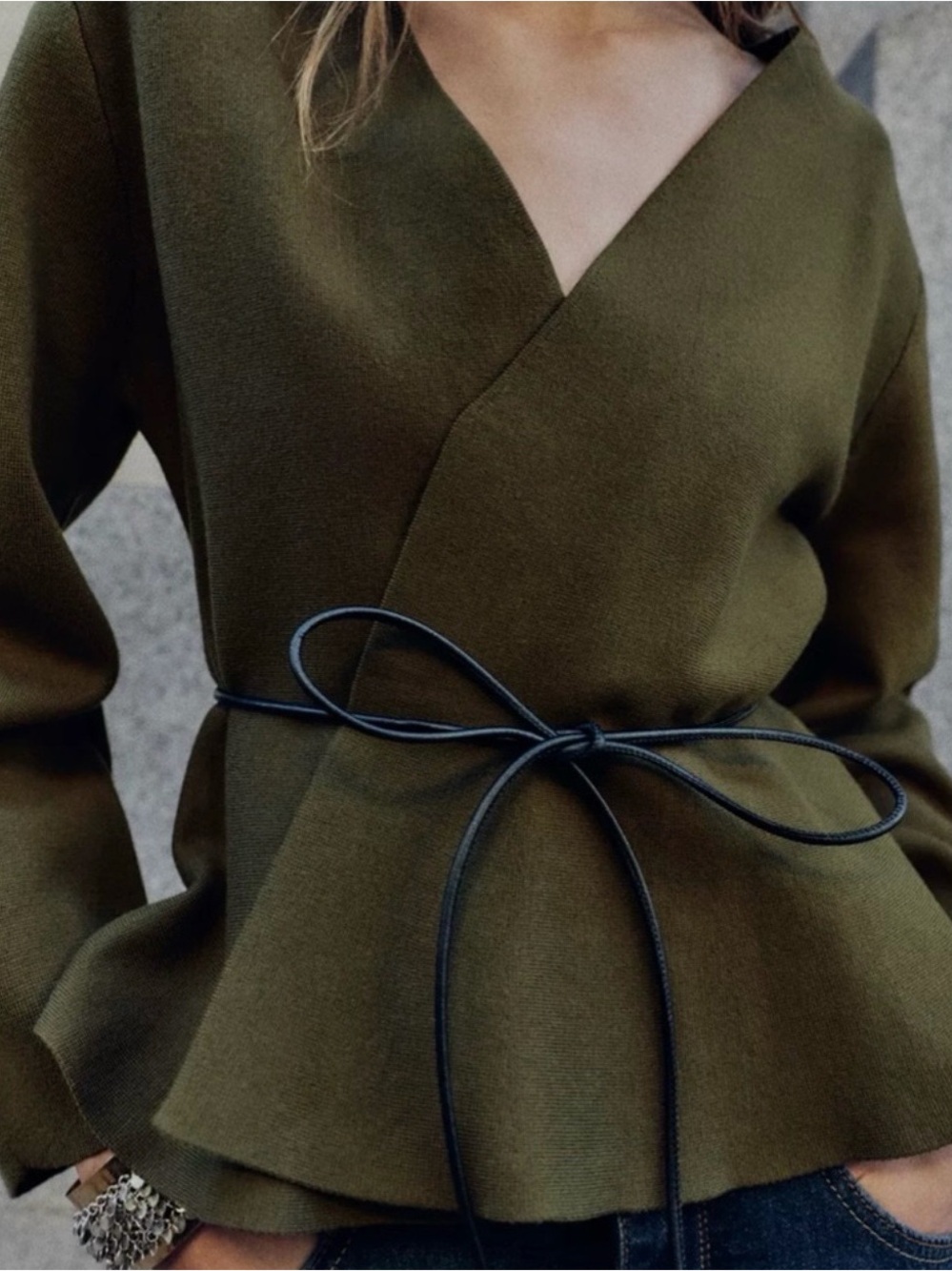 Zara Olive Green Belted Wrap Cardigan, size L